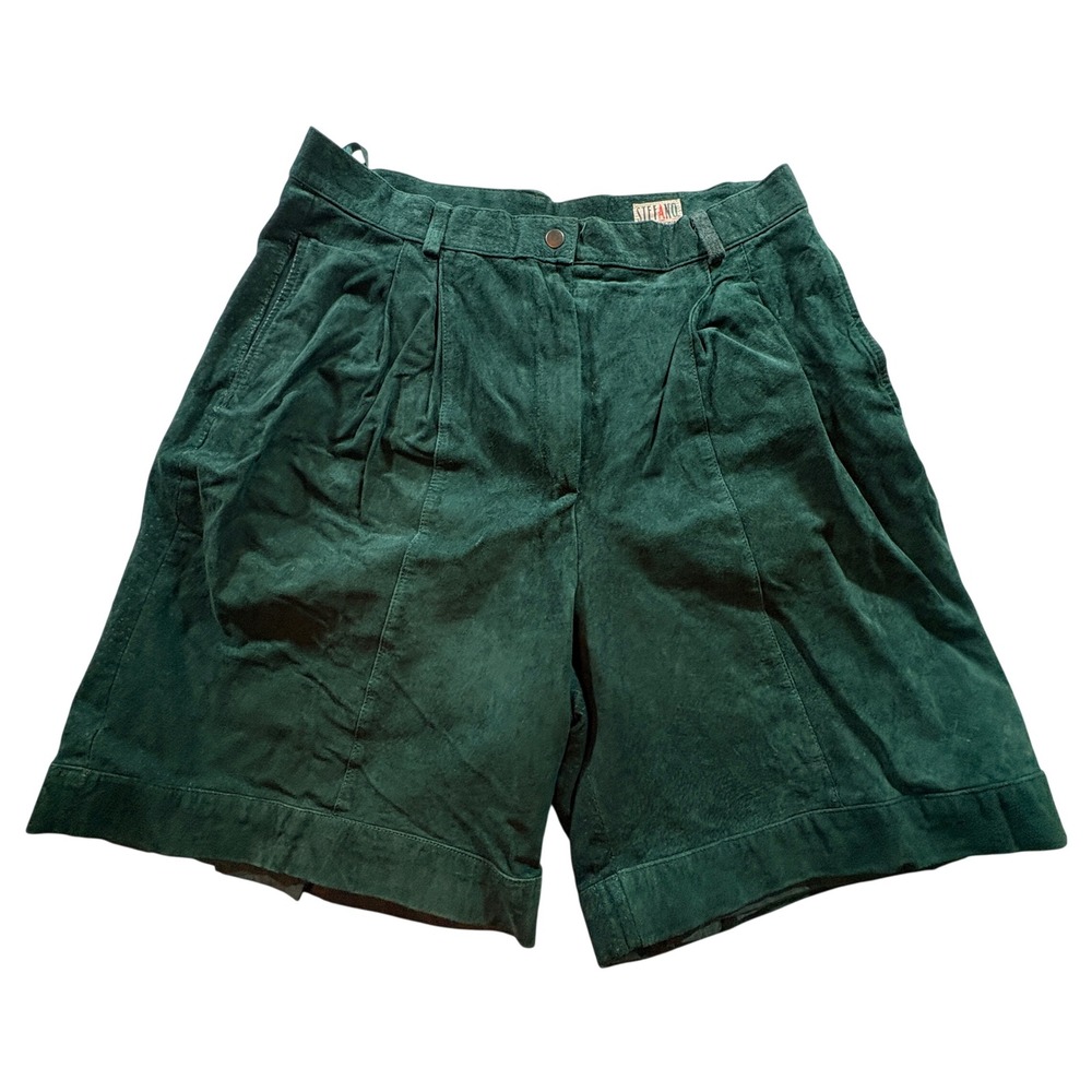 Stefano International Leather Shorts Womens 20 Green Vintage Pleated High Rise